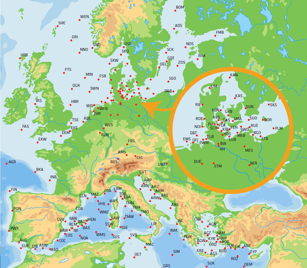 Europakarte mit SMS-Gebietskürzeln und vergrößerter Nord- und Ostseeansicht