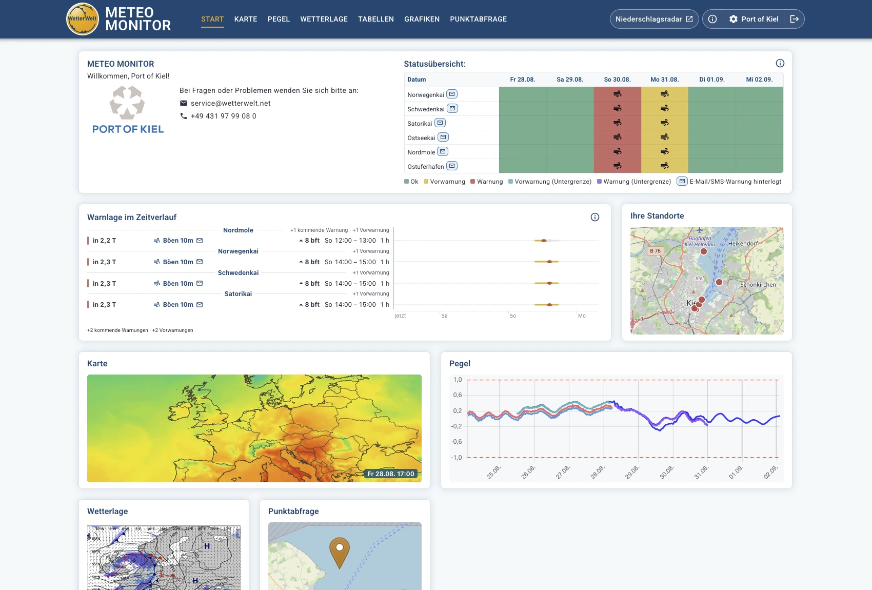 METEO MONITOR Dashboard mit Standorten und Warnlagen