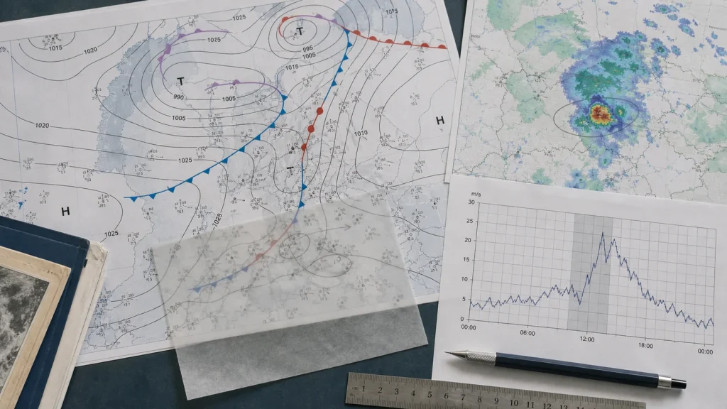 Synoptische Wetterkarte mit Fronten, Radarbild und Windmessreihe