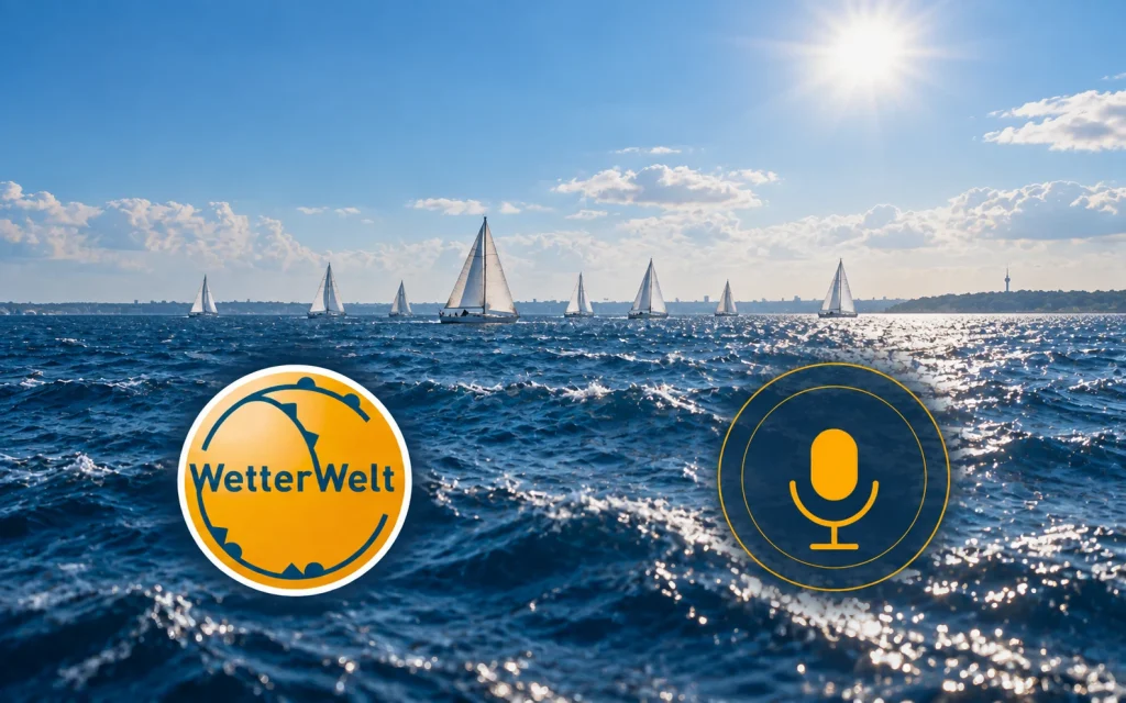 Hitze und Segelwind zur Kieler Woche – Podcast-Cover mit WetterWelt-Logo und Mikrofon