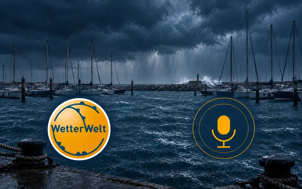 Hafentag bei Sturmtief Zoe – Podcast-Cover mit WetterWelt-Logo und Mikrofon