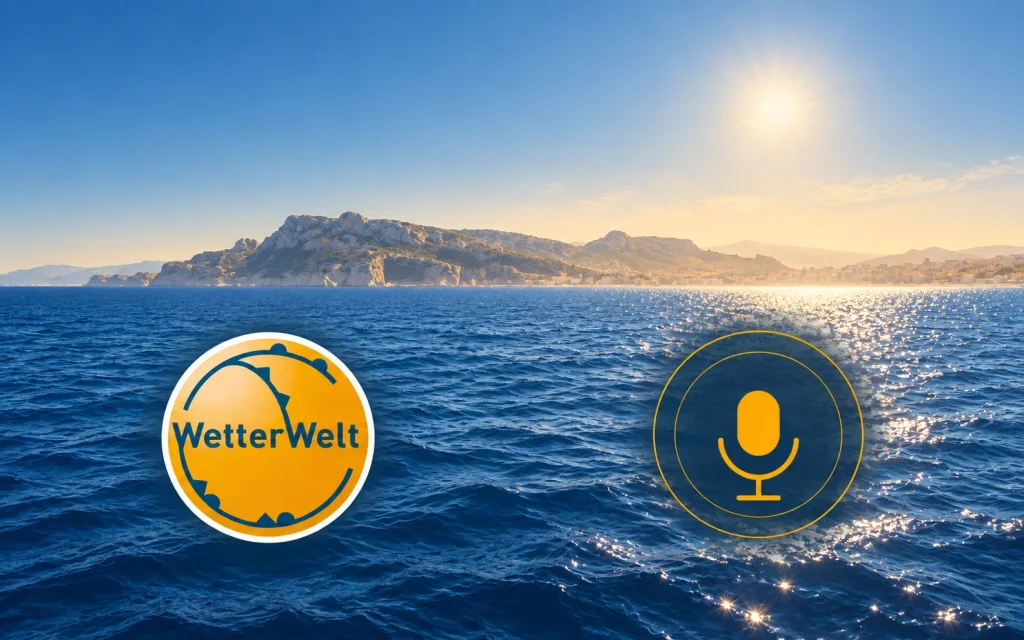 Hochsommer und Hitze am Mittelmeer – Podcast-Cover mit WetterWelt-Logo und Mikrofon