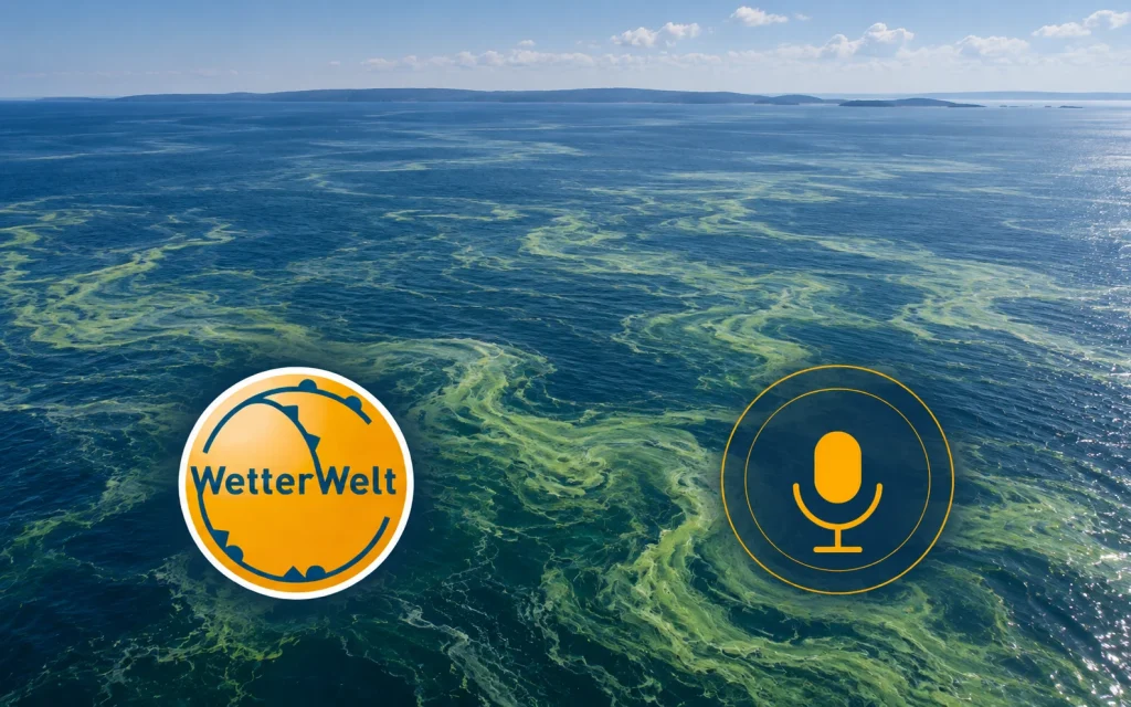 Blaualgenteppich in der Ostsee – Podcast-Cover mit WetterWelt-Logo und Mikrofon