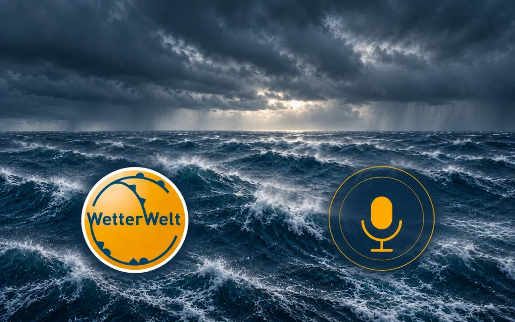 Nordweststurm durch Tief Noura – Podcast-Cover mit WetterWelt-Logo und Mikrofon
