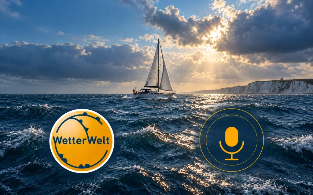 Illustration eines Segelboots im Ärmelkanal vor weißer Steilküste, mit Sonne zwischen Wolken sowie WetterWelt-Logo und Podcast-Mikrofon.
