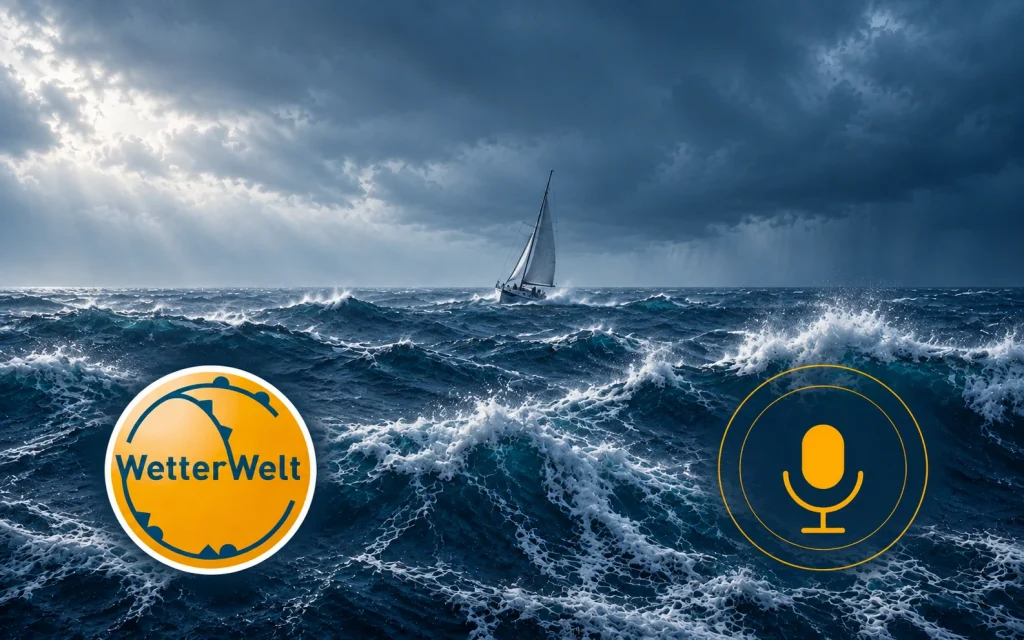 Generierte Illustration einer Segelyacht auf aufgewühlter See unter dunklen Wolken, mit WetterWelt-Logo links unten und gelbem Mikrofon rechts unten.