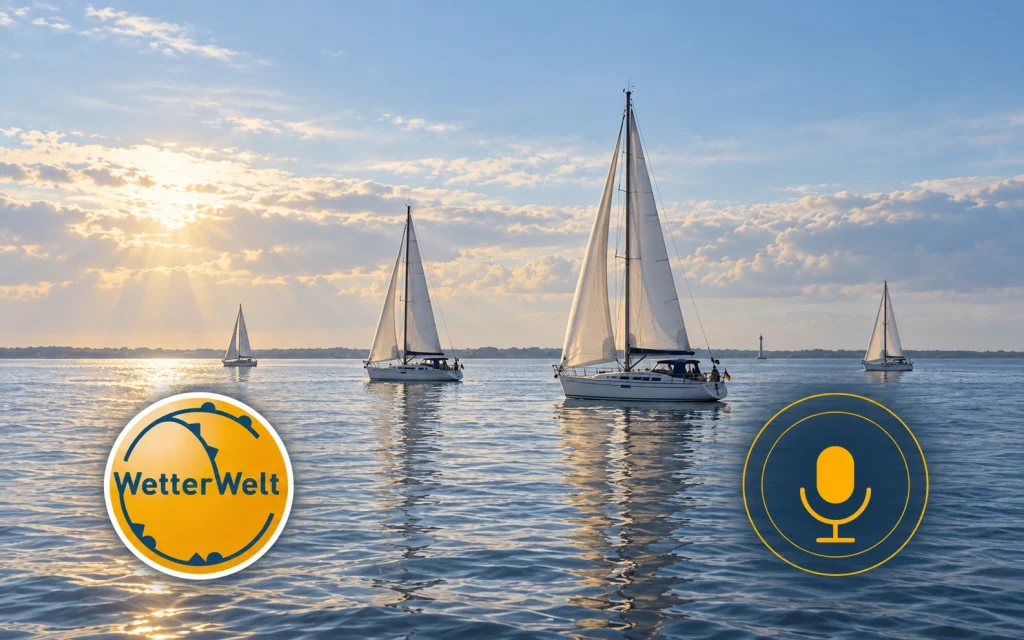 Illustration zum Absegeln: Segelyachten auf ruhigem Wasser im weichen Sonnenlicht, mit WetterWelt-Logo links unten und gelbem Mikrofon rechts unten.