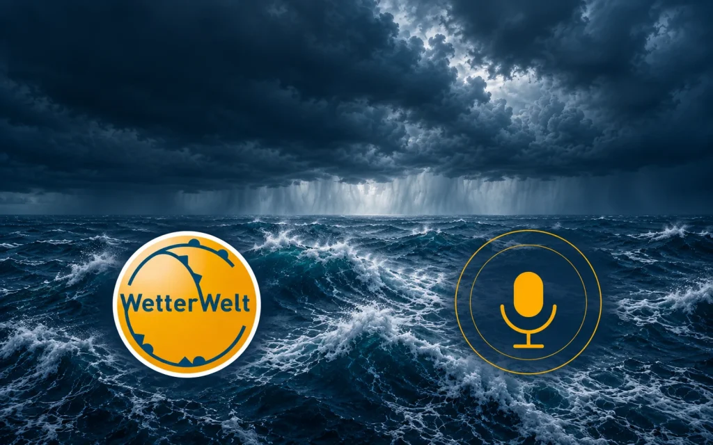 Stürmische See unter dunklen Wolken mit WetterWelt-Logo und Mikrofon