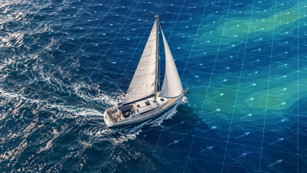 Segelyacht auf blauem Meer mit schematischem Wetterraster und Windpfeilen