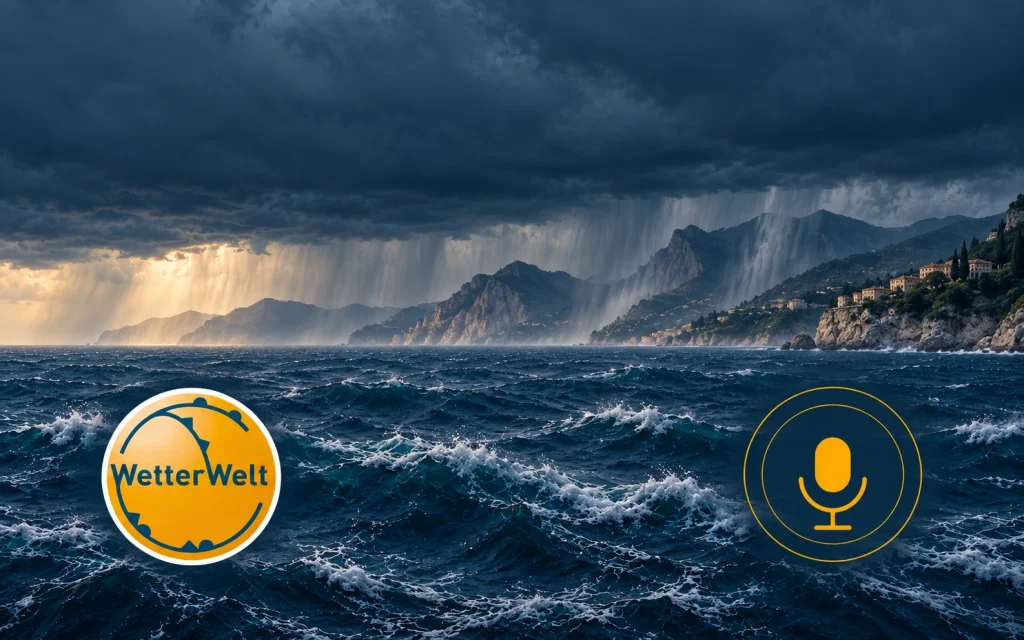 Illustration einer bergigen Mittelmeerküste unter dunklen Regenwolken mit bewegter See, WetterWelt-Logo links unten und gelbem Mikrofon rechts unten.