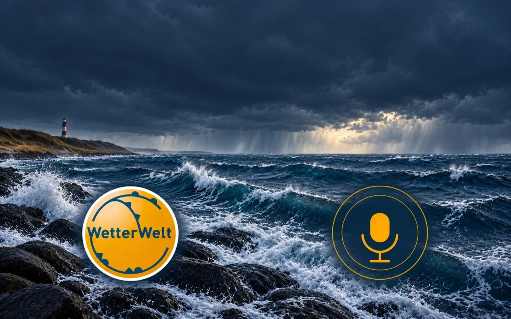 Illustration einer herbstlichen Küste mit bewegter See, Schauern und auflockernden Wolken; WetterWelt-Logo und gelbes Podcast-Mikrofon am unteren Bildrand.