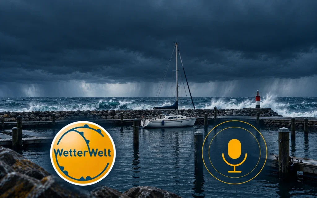 Illustration eines festgemachten Segelboots im Hafen vor dunklen Sturmwolken und rauer See, mit WetterWelt-Logo und gelbem Mikrofon.